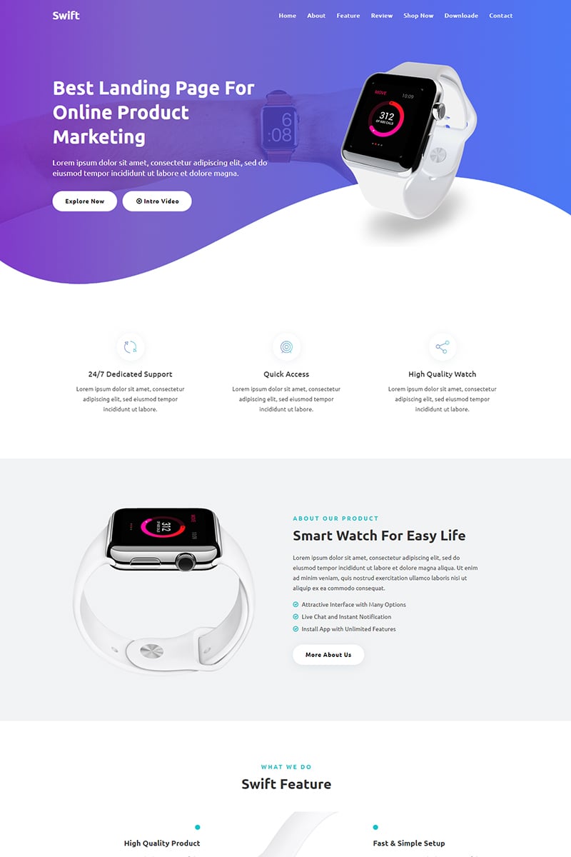 Swift - Product Landing Page Template - Purple and Blue Gradient Header Design