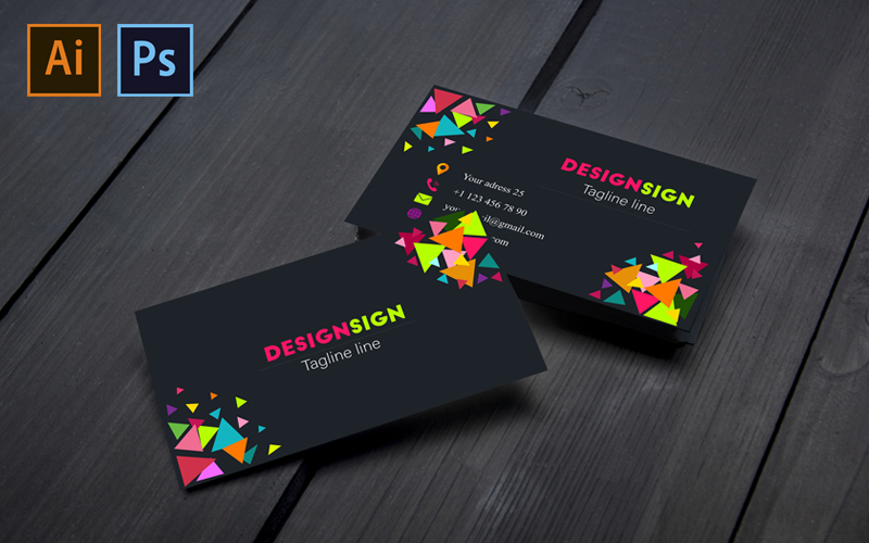 Colorful Overlapping Triangles on Dark Background Business Card Design Template