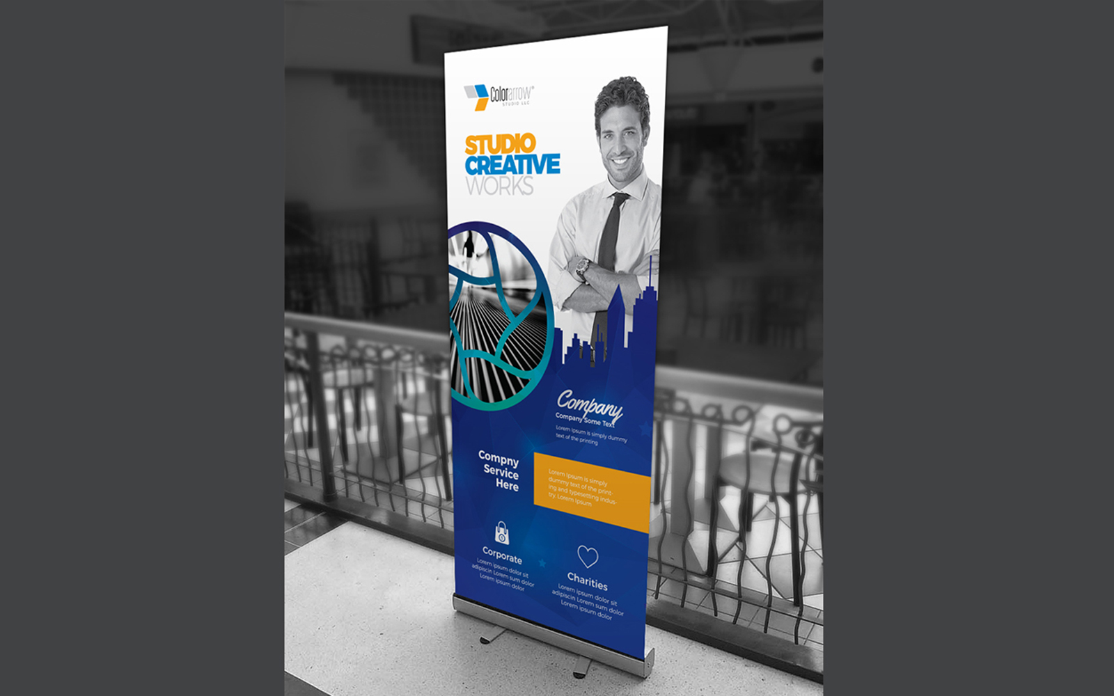Egyptian Blue Rollup Banner With Building Elements - Corporate Identity Template