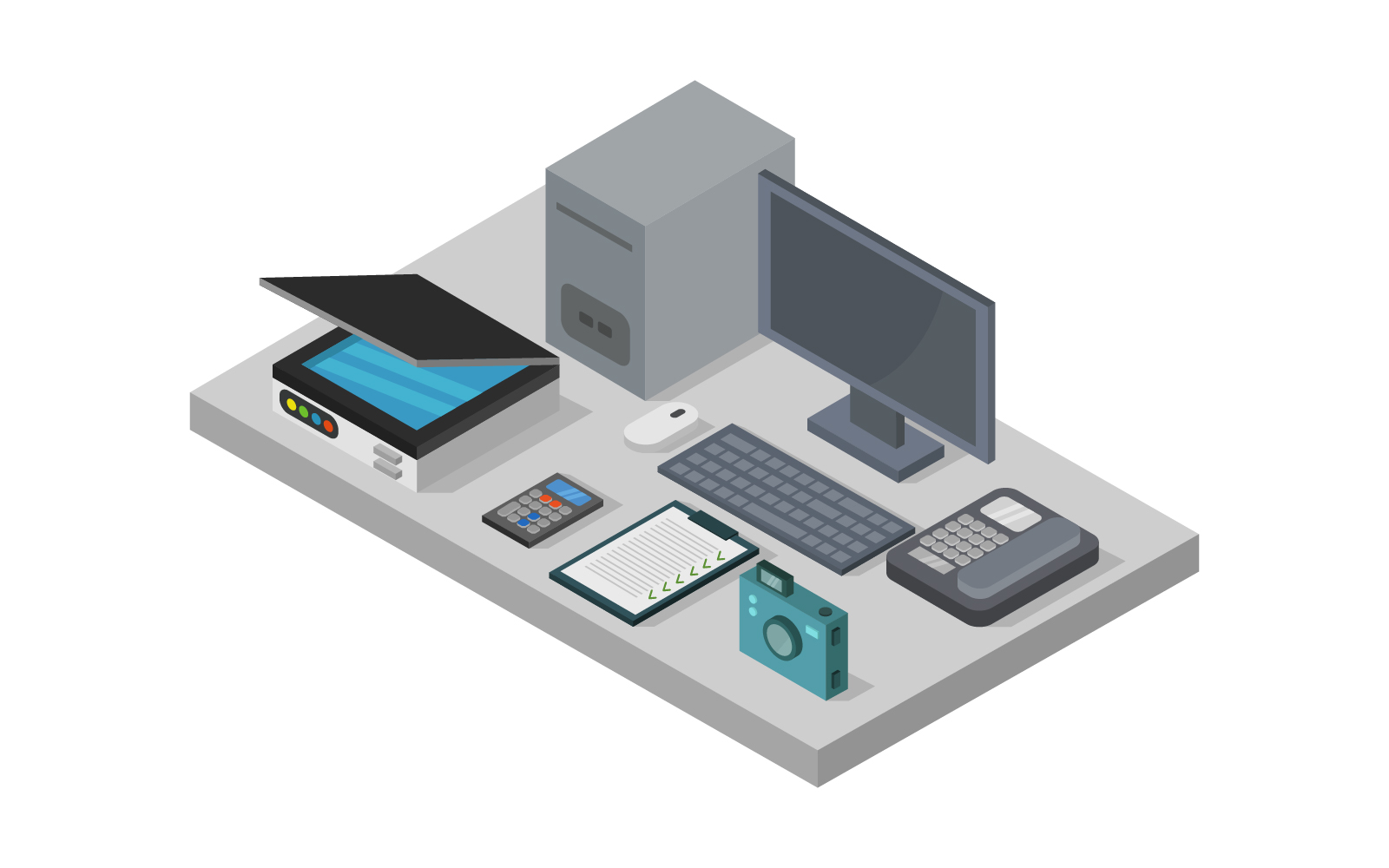 Isometric office desk on white - Vector Image