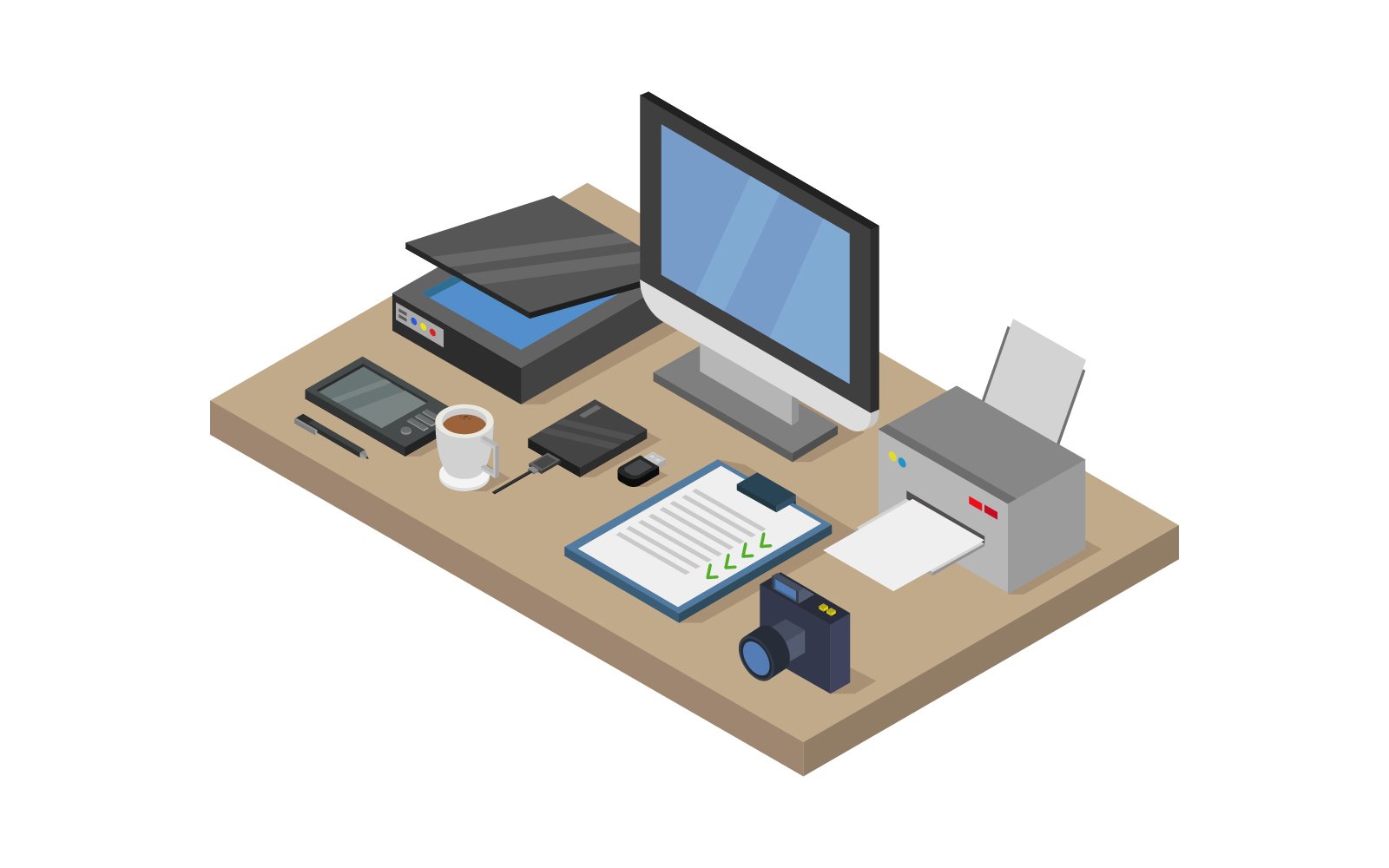 Isometric desk on background - Vector Image