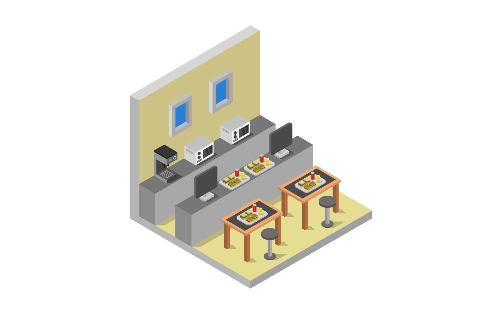 Isometric fast food room on white background - Vector Image