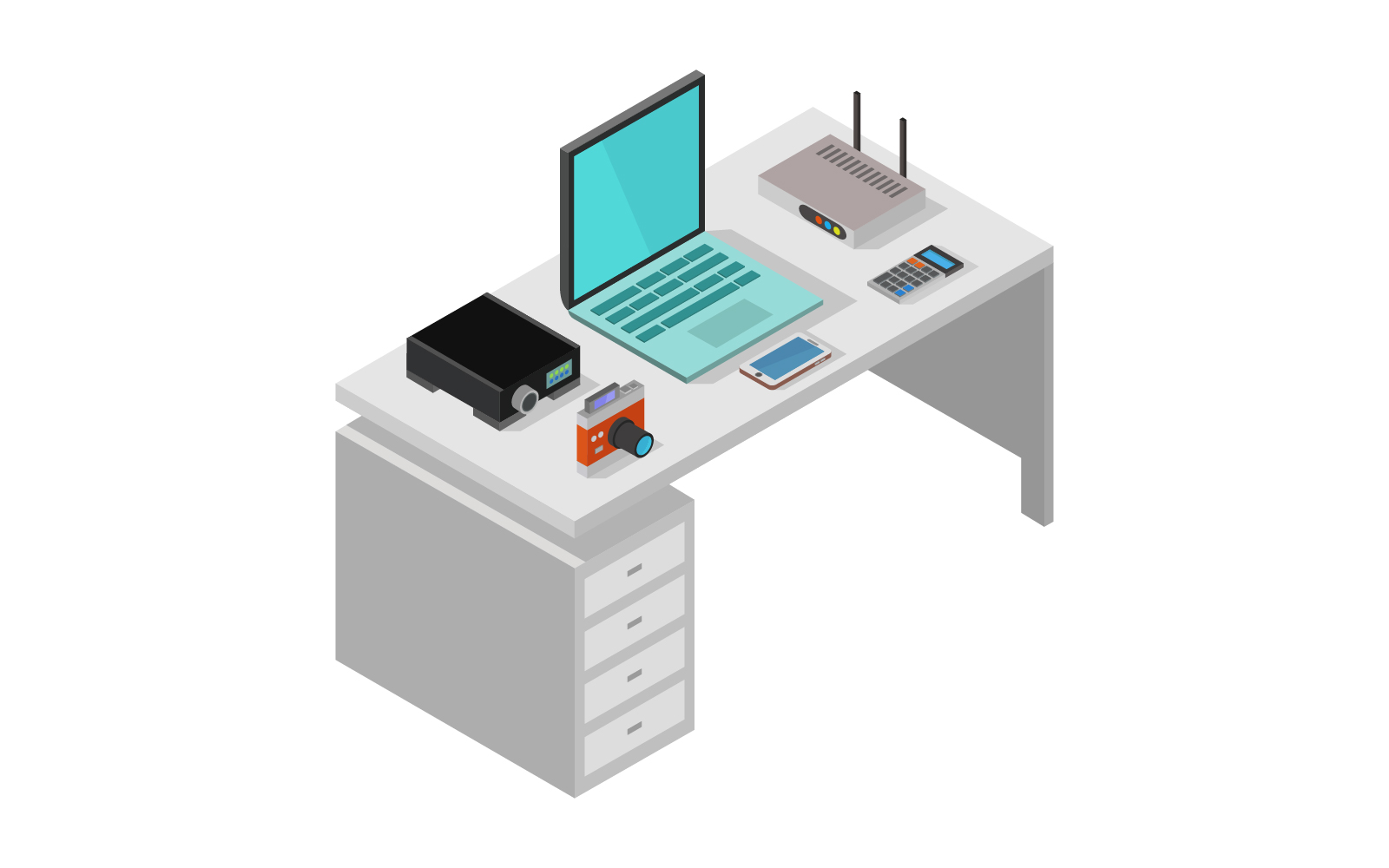 Isometric office desk on a white background - Vector Image