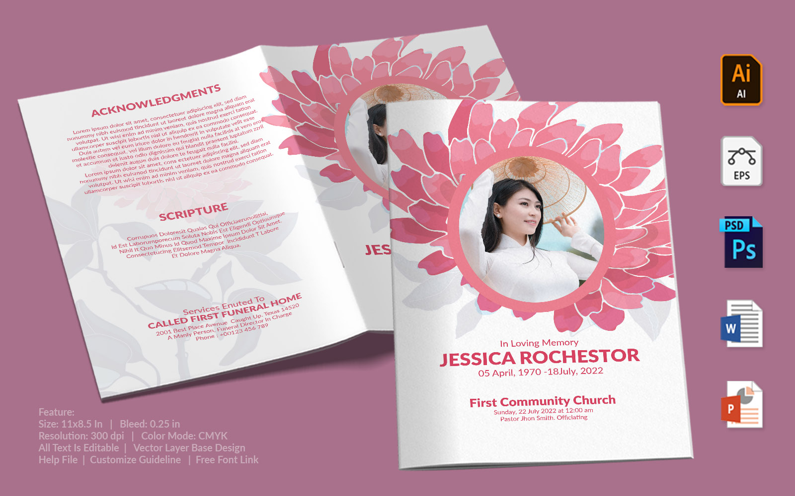 Printable Funeral Program - Illustrated Pink Flower Theme