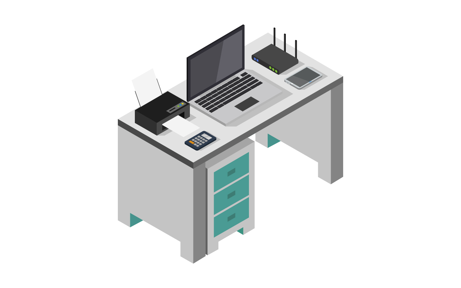 Isometric office desk on background - Vector Image