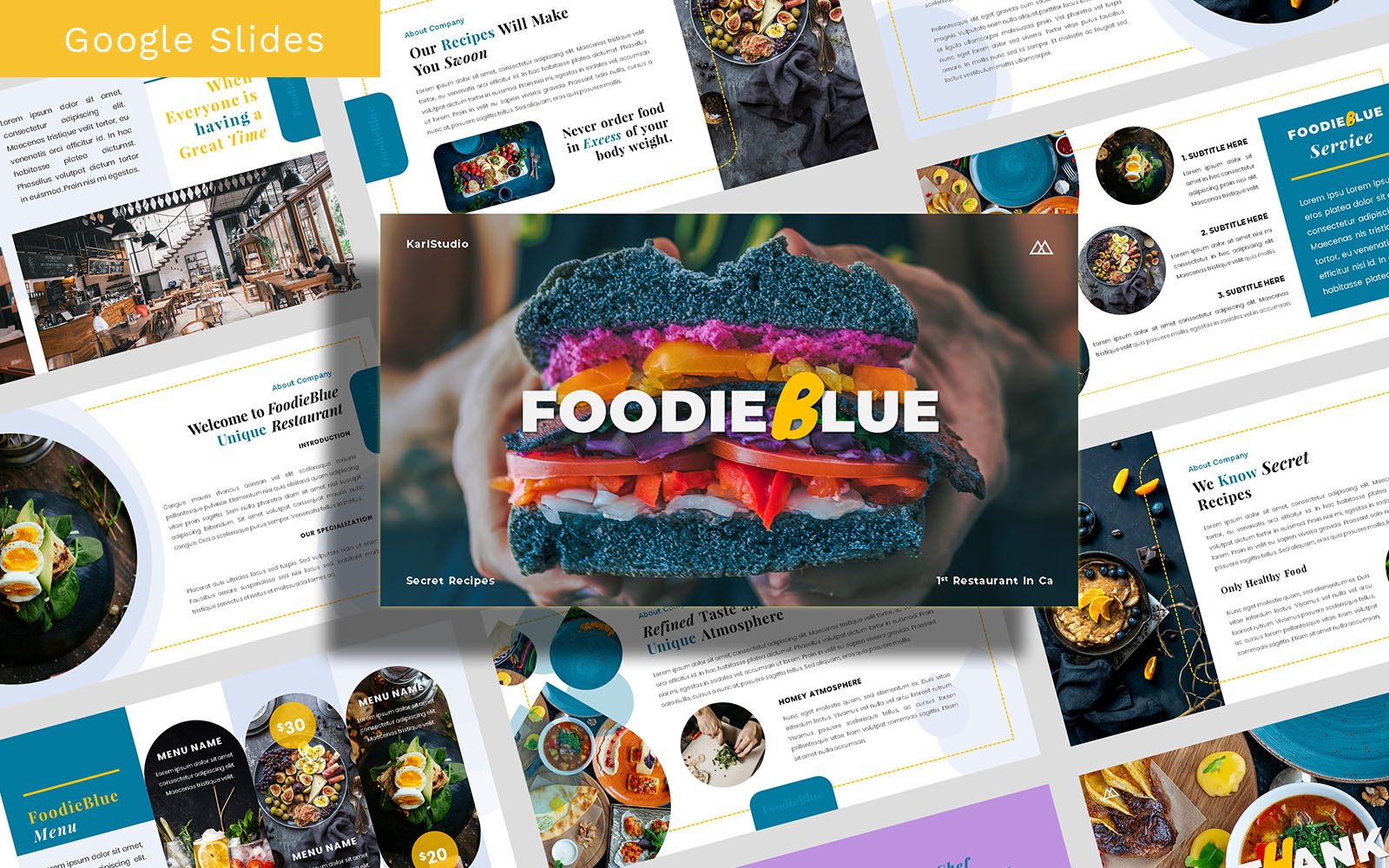 FoodieBlue Food and Restaurant Template Google Slides