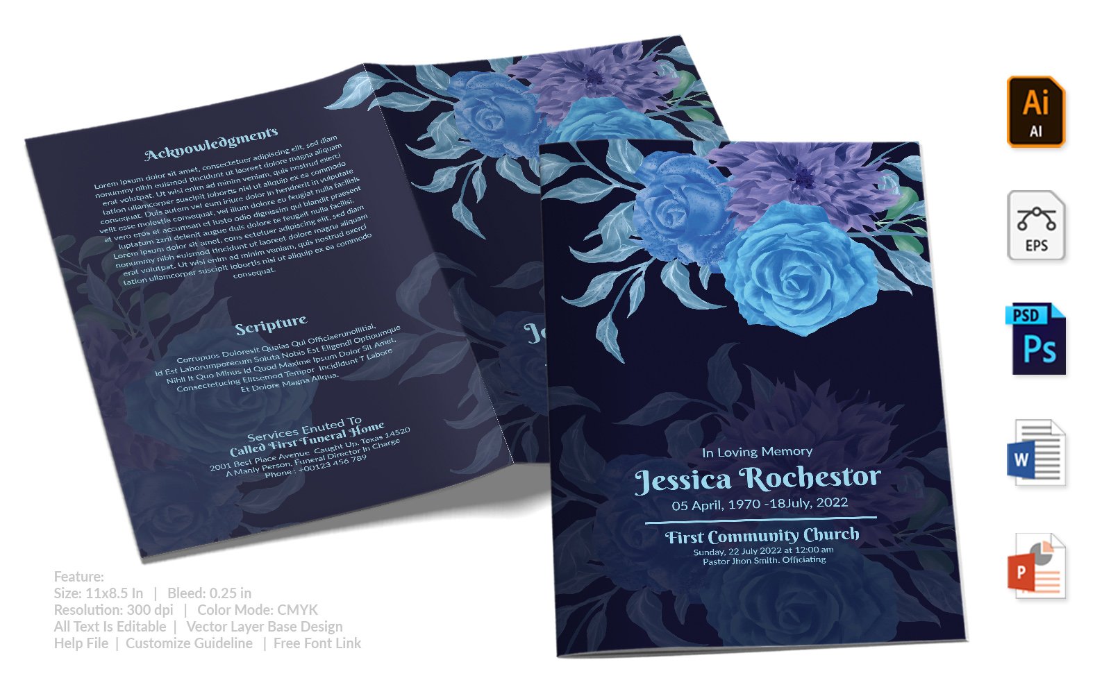 Blue Floral Background Printable Memorial Service Template Design