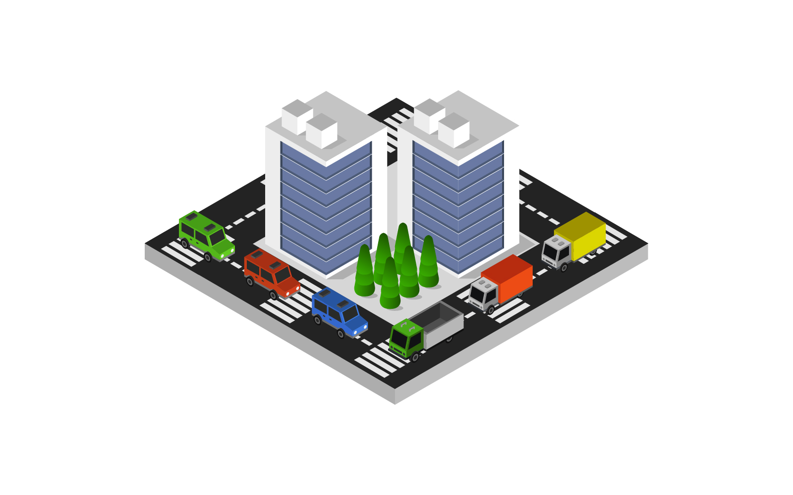 Isometric City Illustrated on a White Background - Vector Image