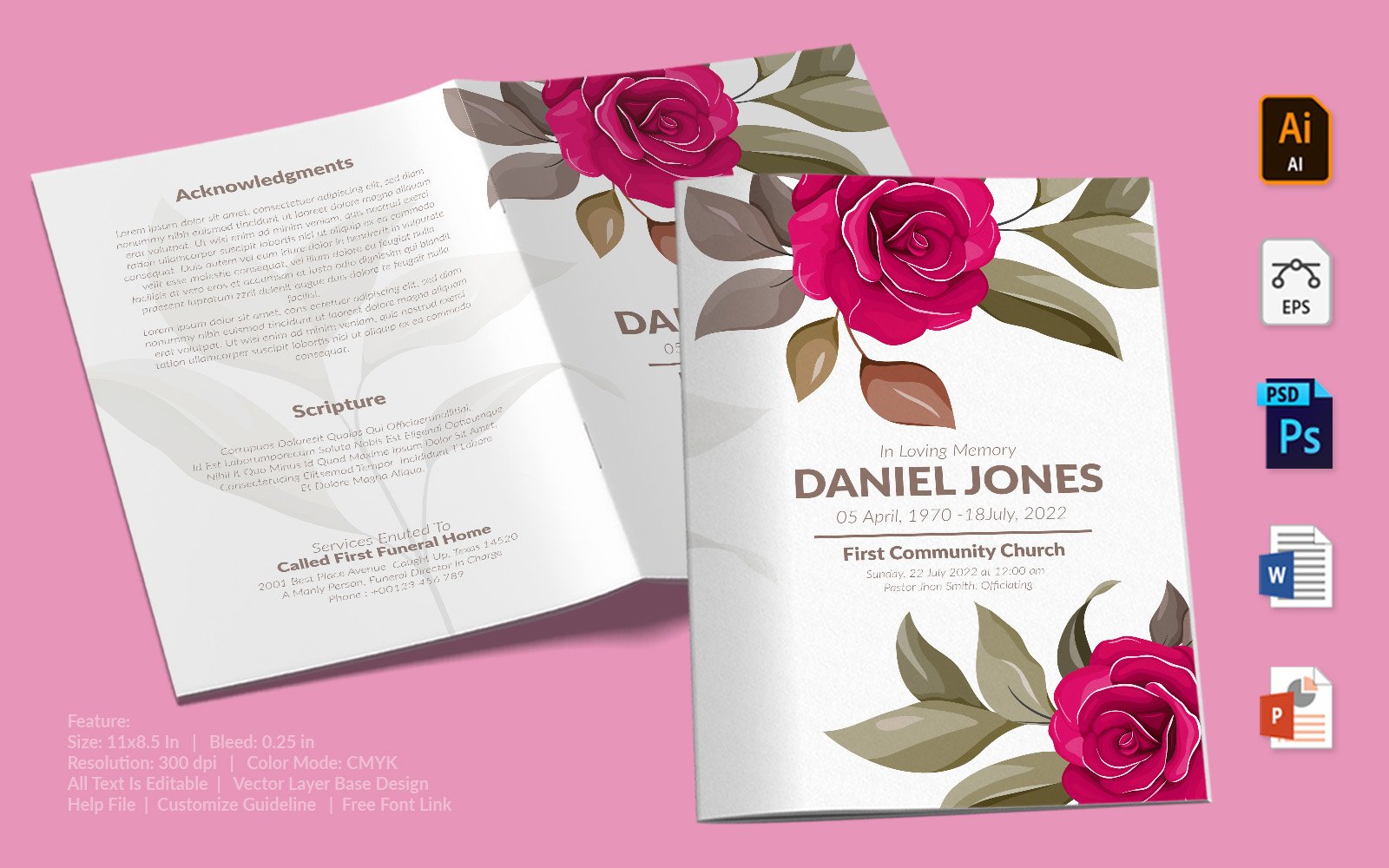 Printable Funeral Program - Beautiful Illustrated Rose Theme Template