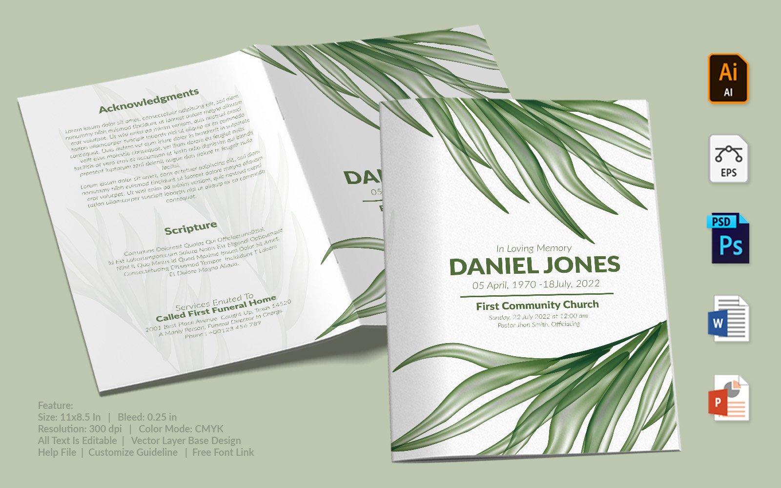 Green Leaves Theme Funeral Program Template