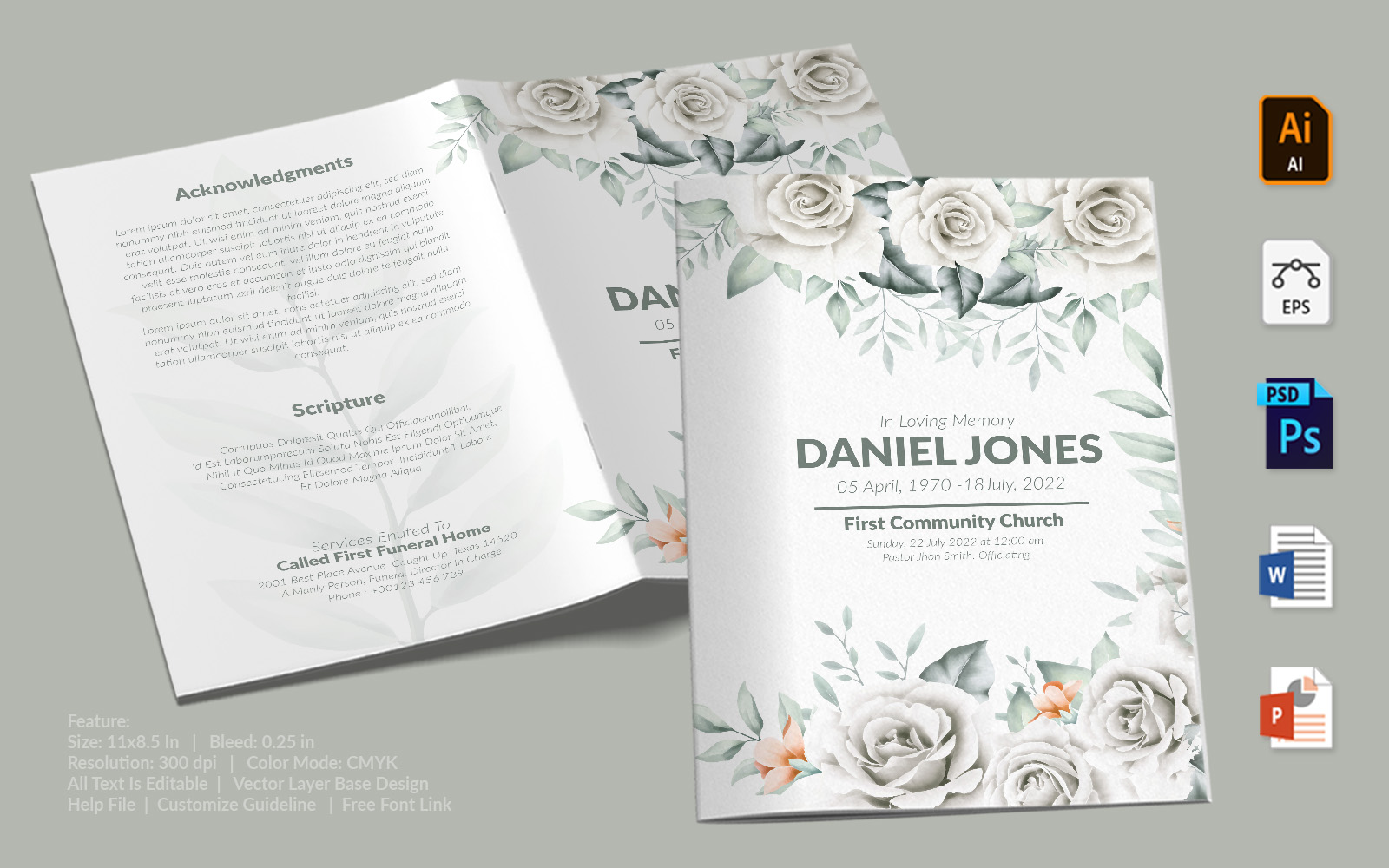 White Roses Design Printable Funeral Program Template
