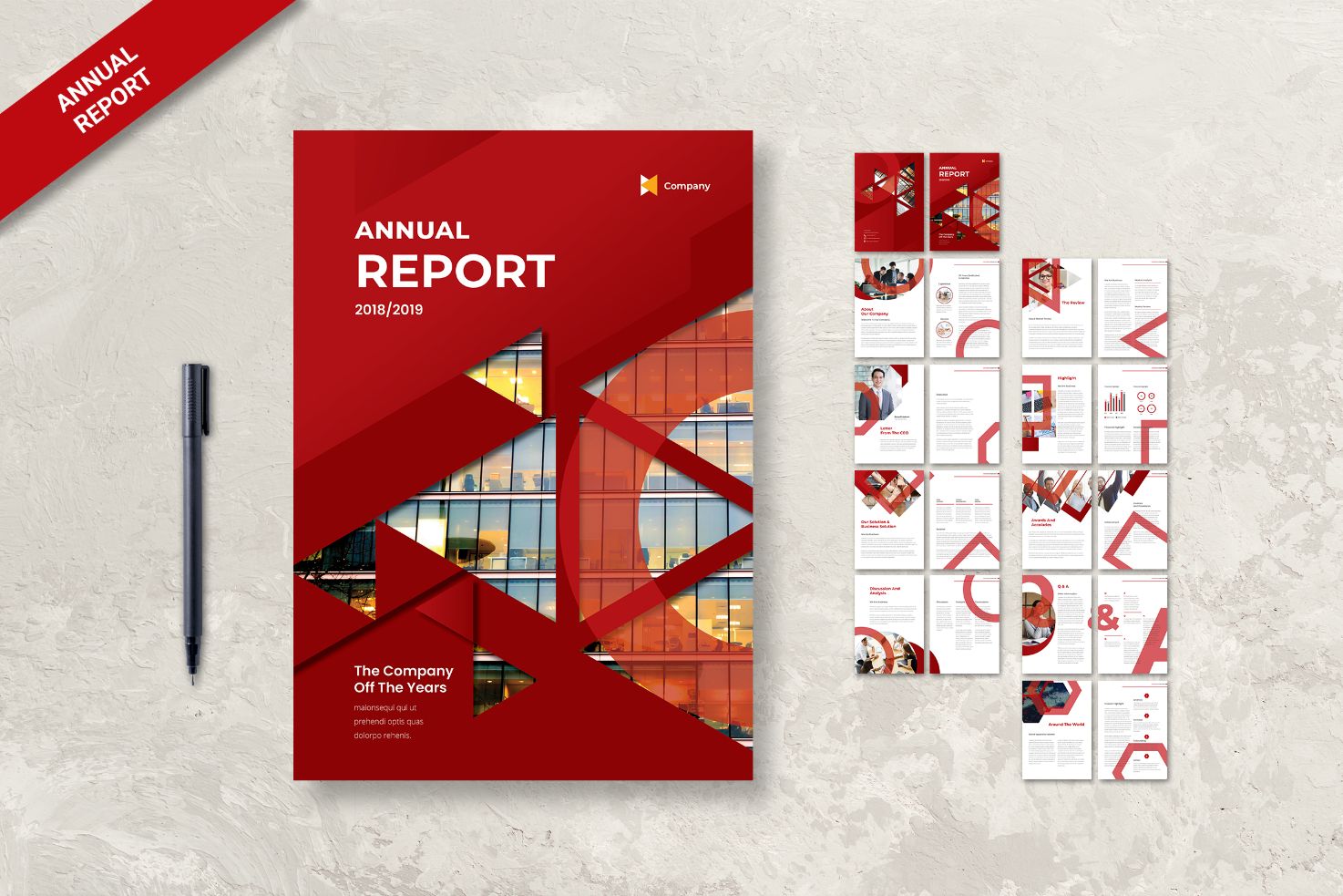 Geometric Design Modern Annual Report Template - Red and White Theme