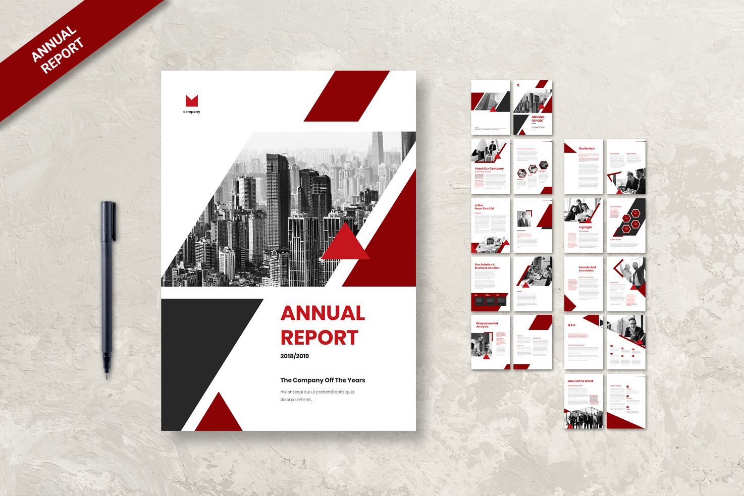 Best Annual Report Template Designs - Geometric Black, Red and White Design