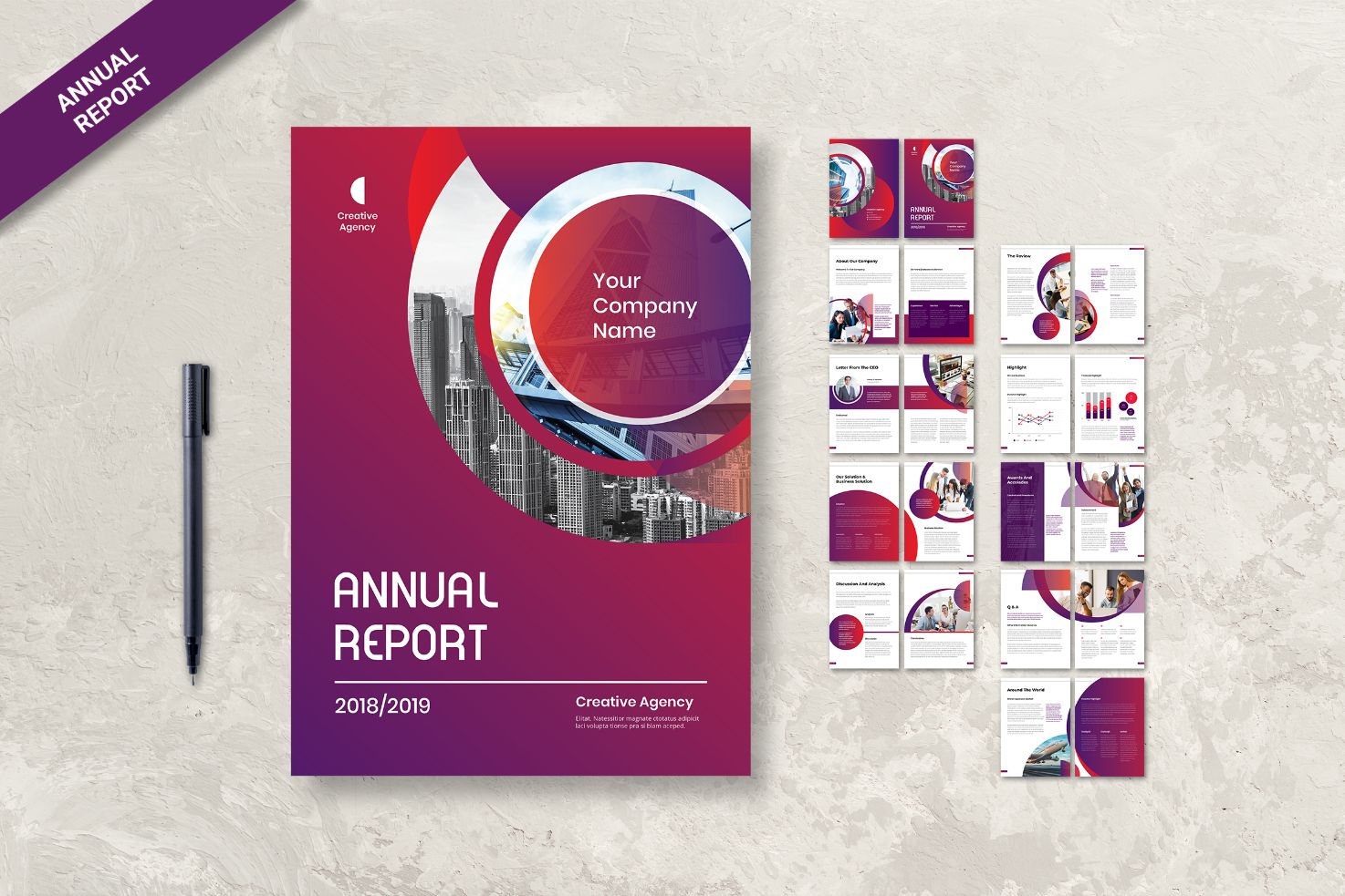 Creative Circular Design Red and Purple Gradient Design Annual Report Template