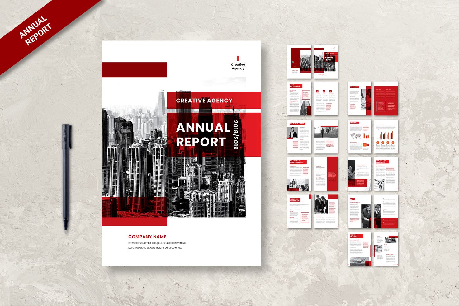 Best Annual Report Template Designs -Red and White Theme With Transparent Overlays