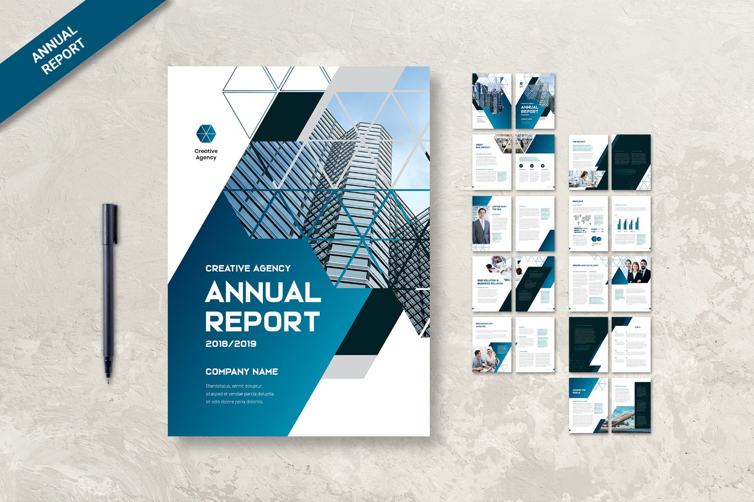 Best Annual Report Template Designs - Blue and White Geometric Design Template
