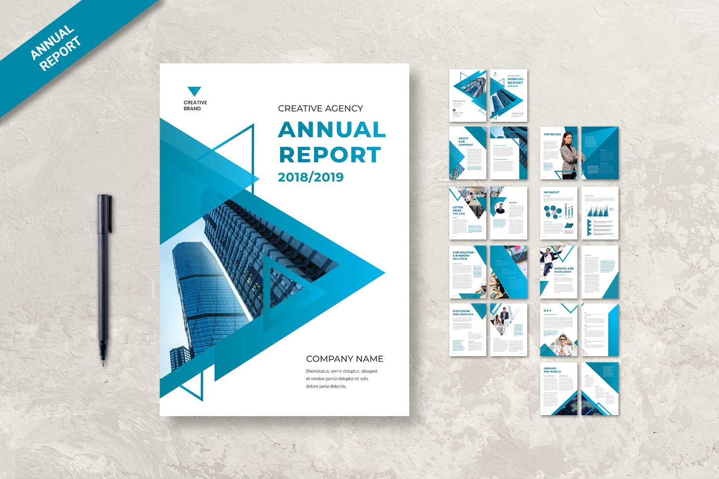 Best Annual Report Template Designs - Blue and White Modern Geometric Design