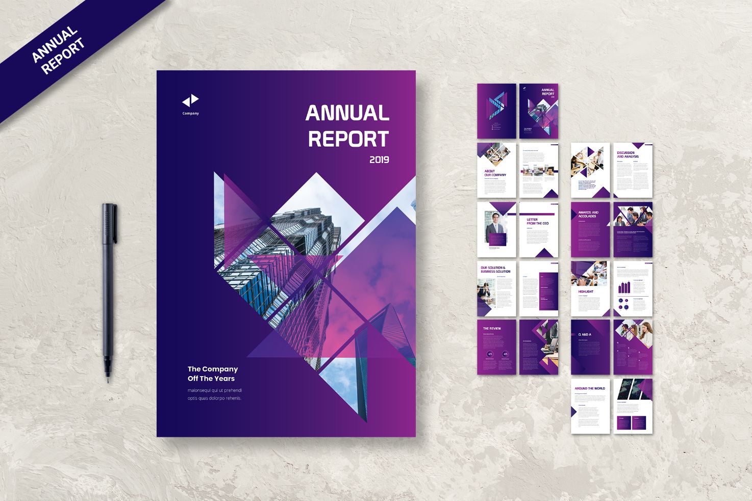 Creative and Modern Annual Report Template - Geometric and Purple Gradient Design