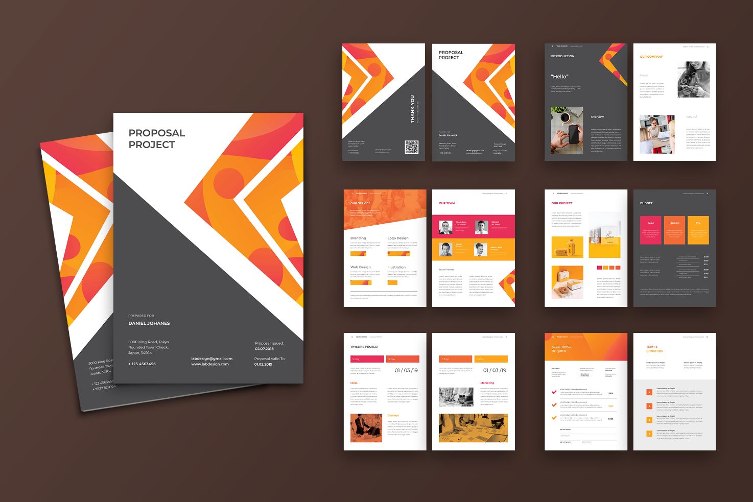 Creative Project Proposal Template Design - Geometric, Abstract and Modern Yellow, Orange & Grey Theme