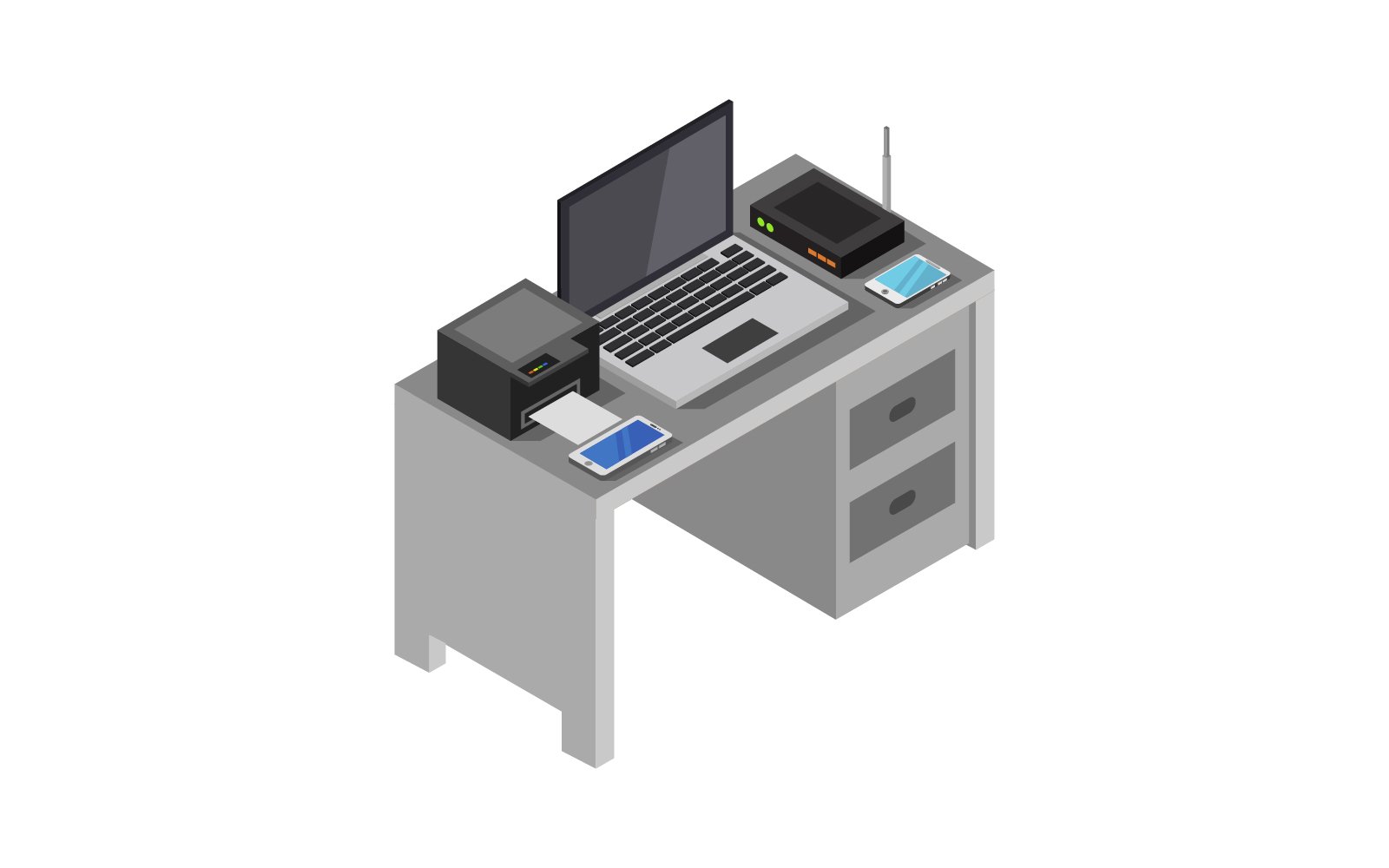 Isometric Office Desk On A  Background - Vector Image