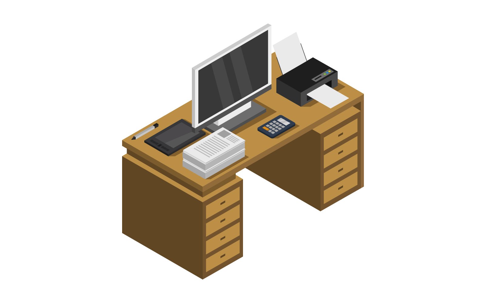 Isometric Office Desk On  Background - Vector Image