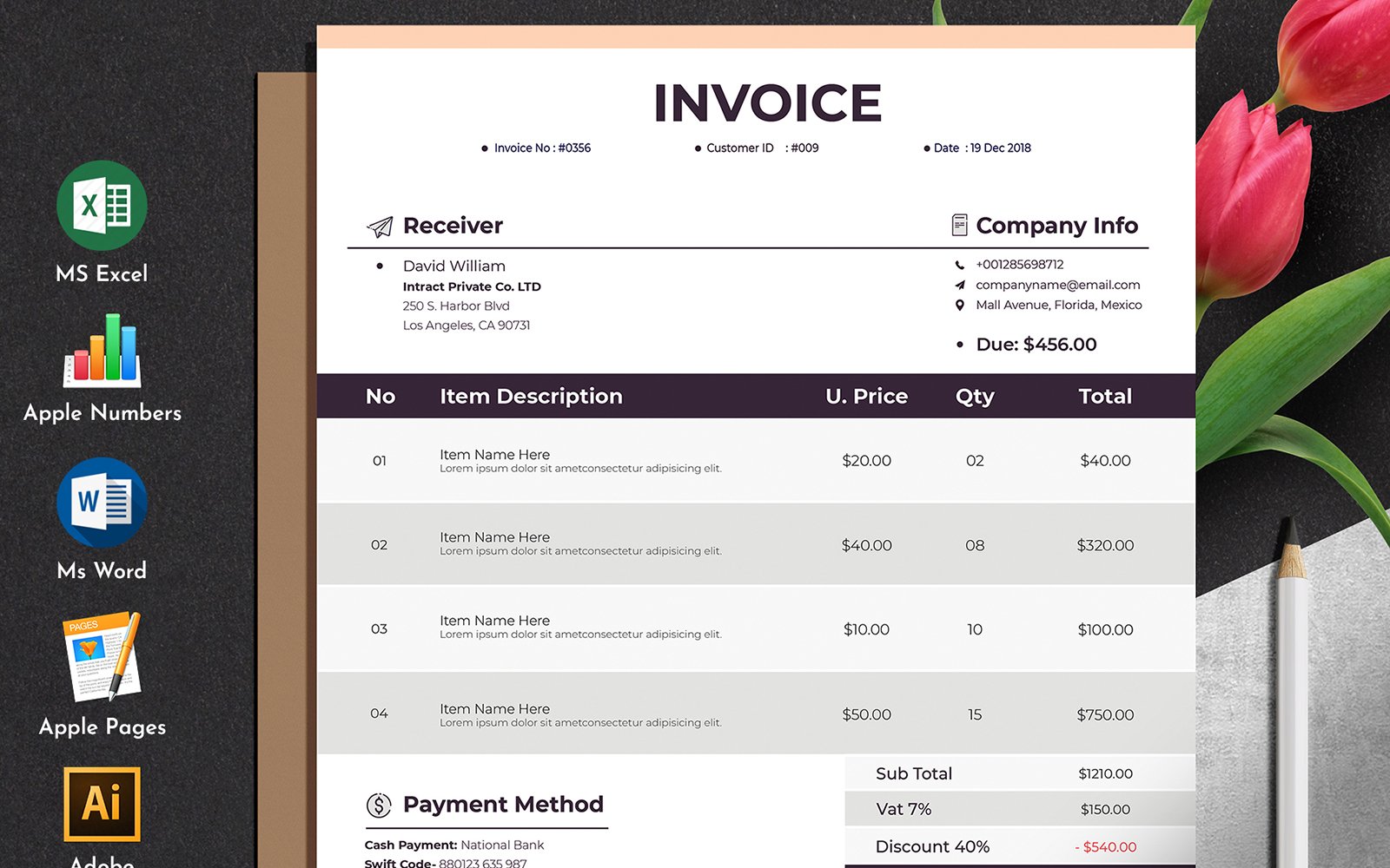 Geo Auto Calculation Invoice Quotation Template With Google Docs Ms Word Apple Pages Excel Numbers