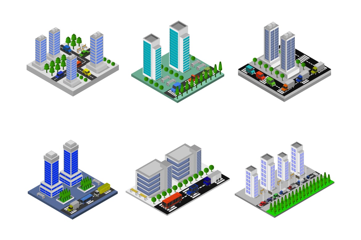 Set Of Isometric Cities On Background - Vector Image