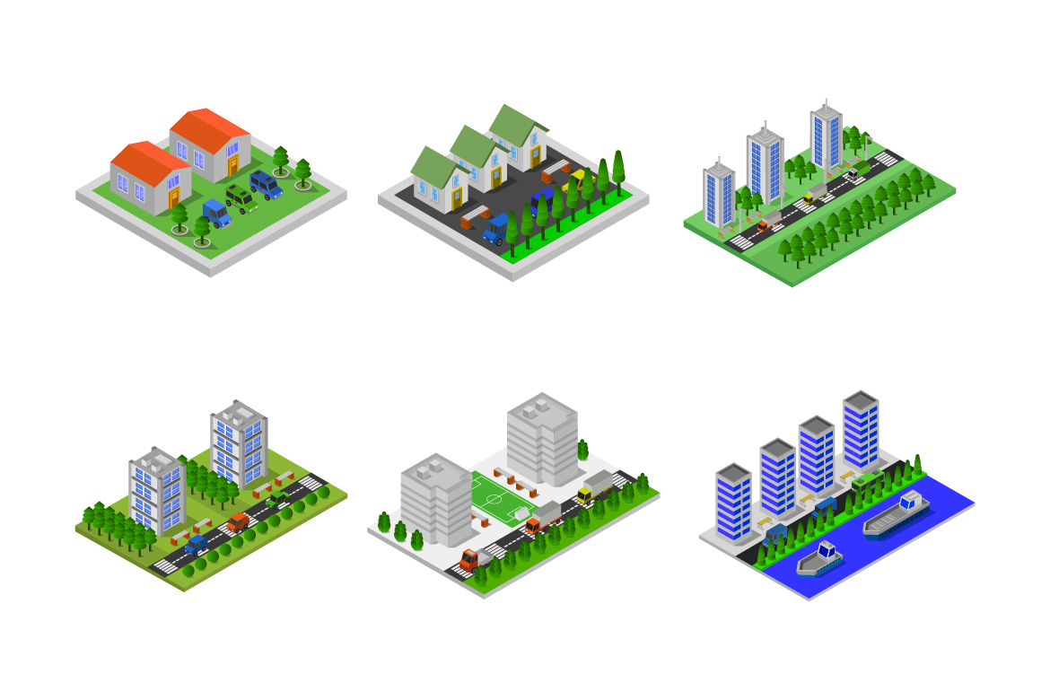 Set of Isometric Cities - Vector Image