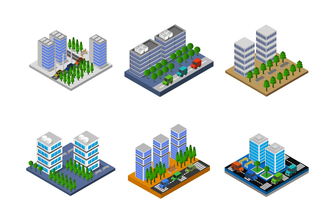 Set of Isometric Cities On White Background - Vector Image