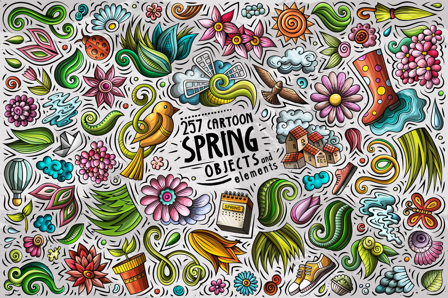 Spring Cartoon Objects Set - Vector Image