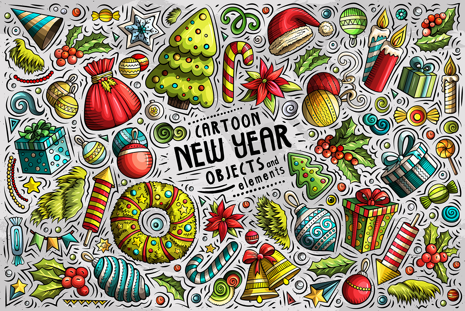 New Year Cartoon Objects Set - Vector Image
