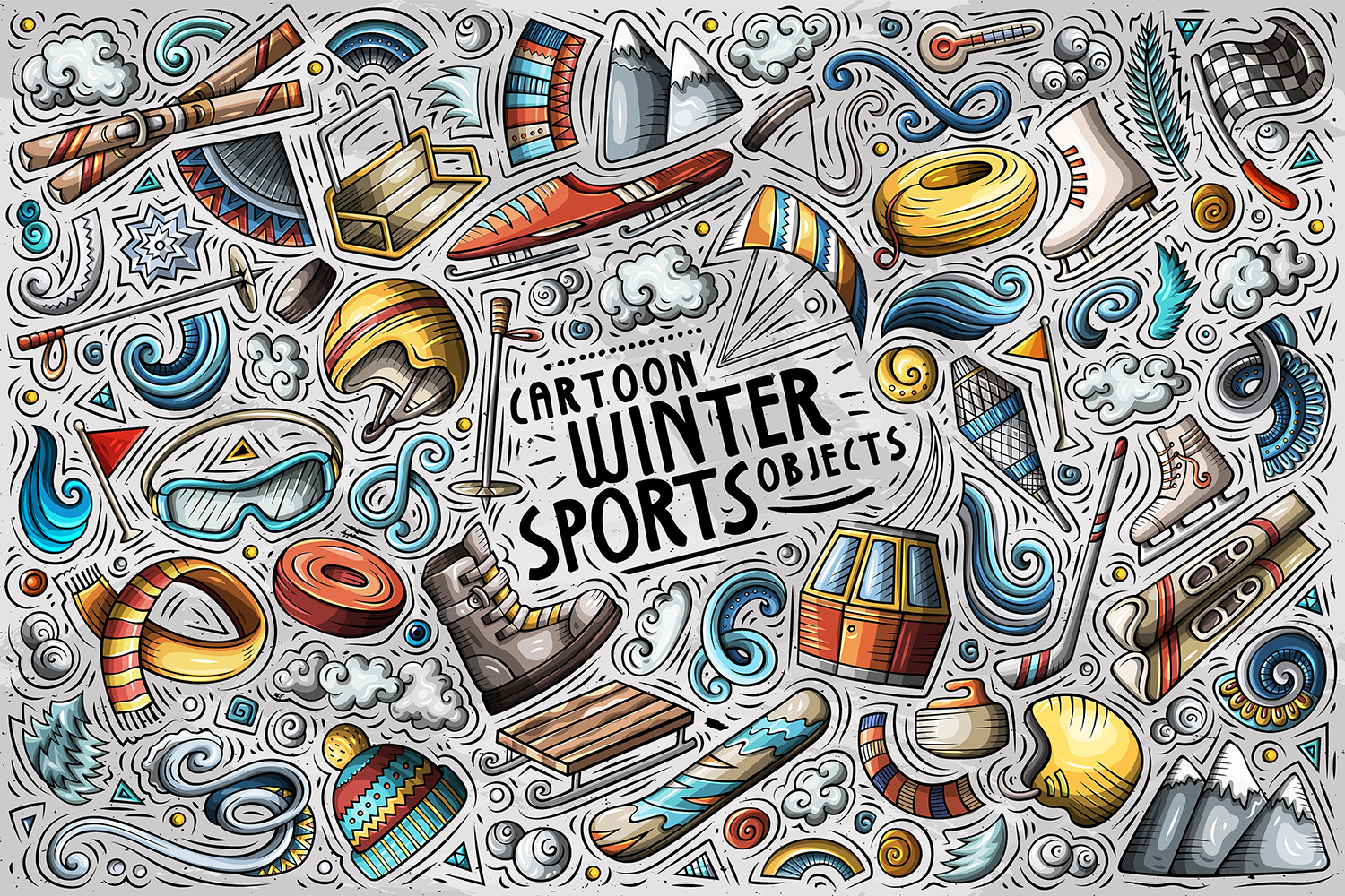 Winter Sports Cartoon Objects Set - Vector Image