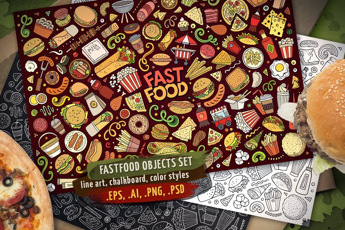 Fast Food Objects & Elements Set - Vector Image