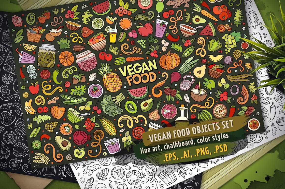 Vegan Food Objects & Elements Set - Vector Image