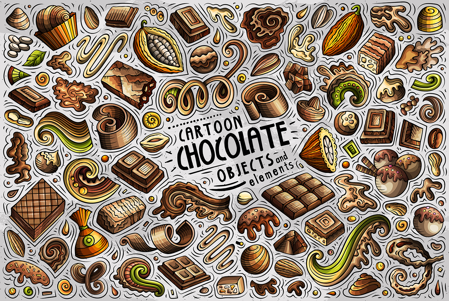 Chocolate Cartoon Doodle Objects Set - Vector Image