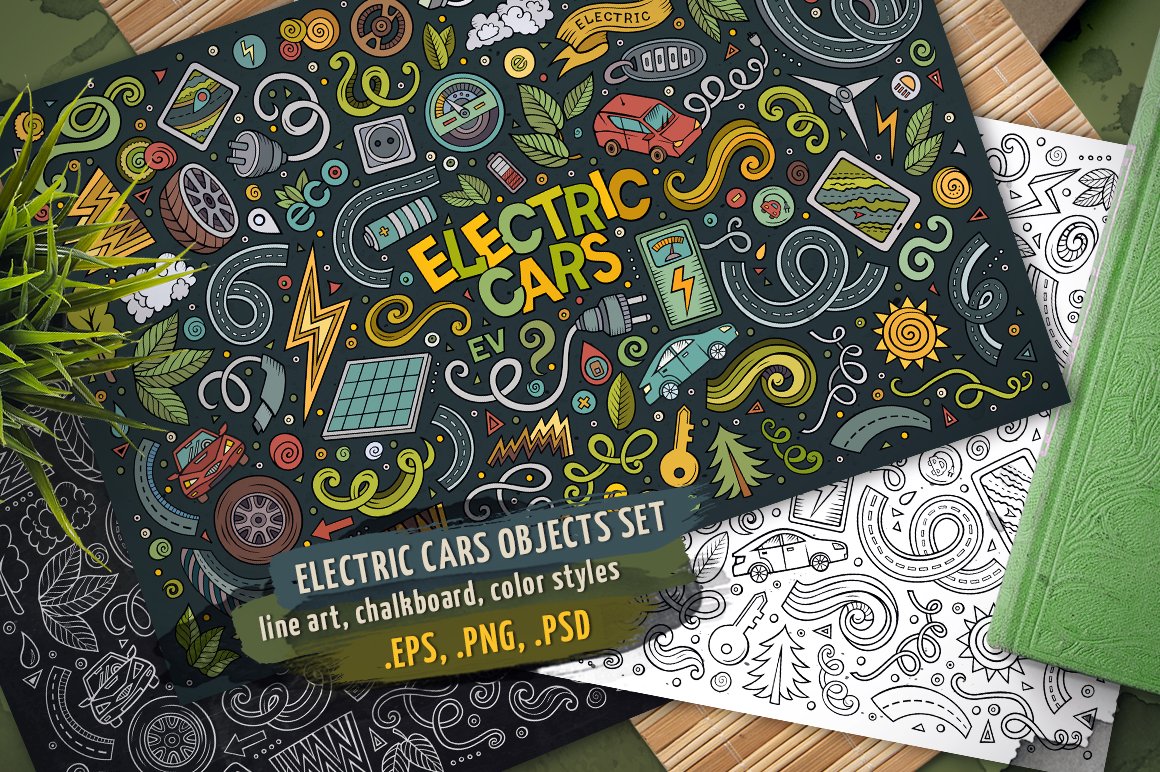 Electric Cars Objects & Elements Set - Vector Image