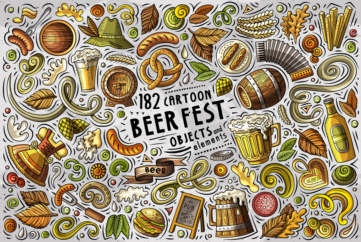 Beer Fest Cartoon Doodle Objects Set - Vector Image