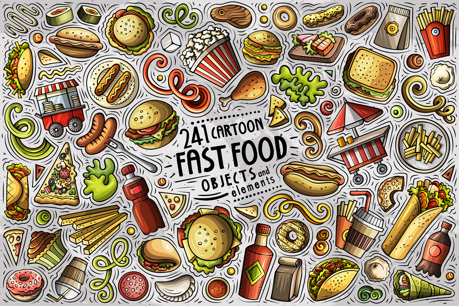 Fast Food Cartoon Doodle Objects Set - Vector Image