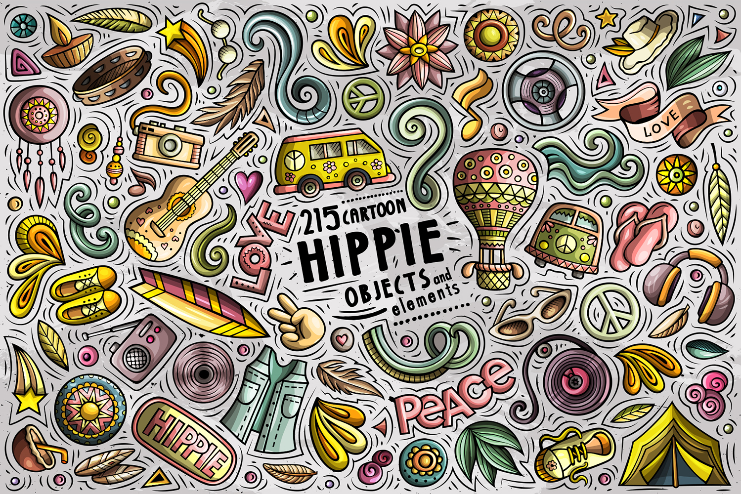Hippie Cartoon Doodle Objects Set - Vector Image