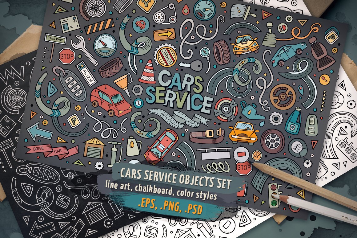 Cars Service Objects & Elements Set - Vector Image