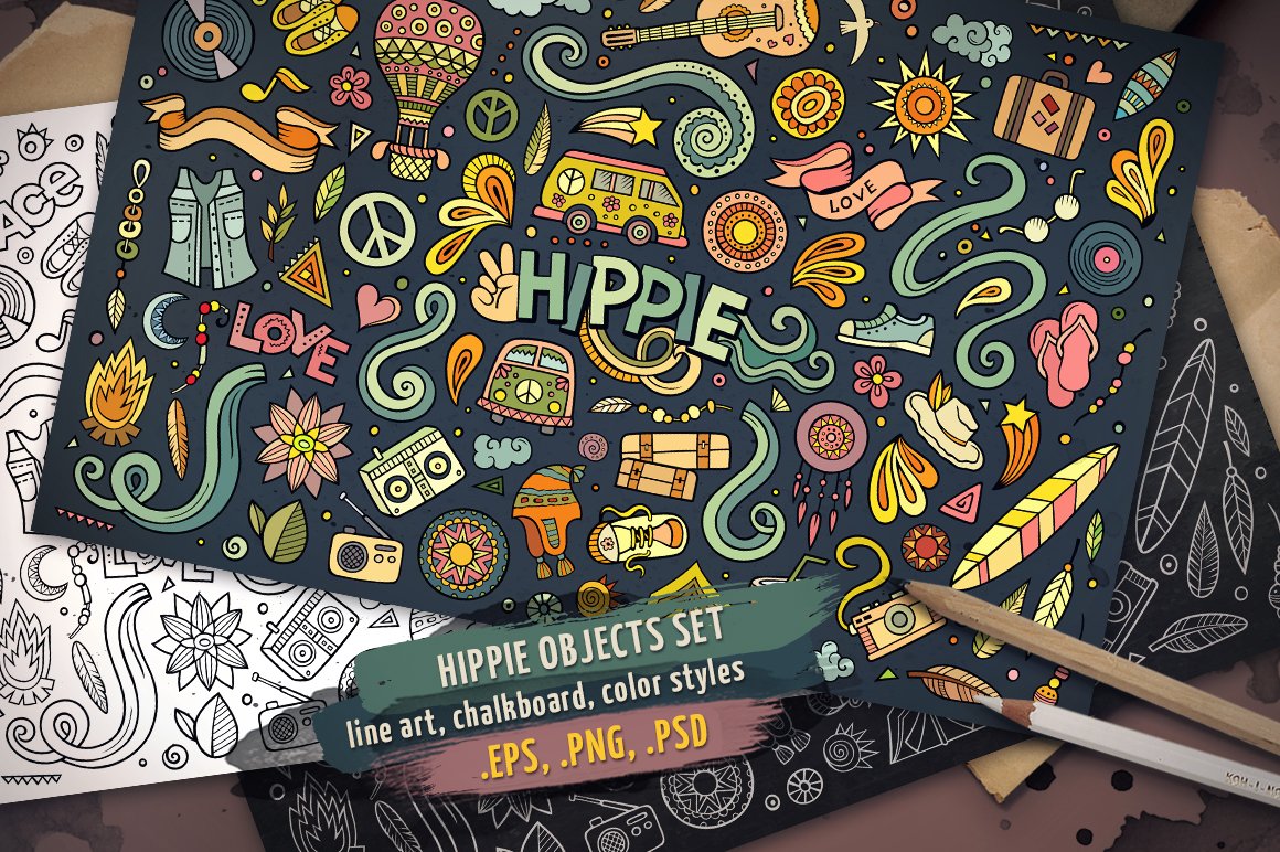 Hippie Objects & Elements Set - Vector Image