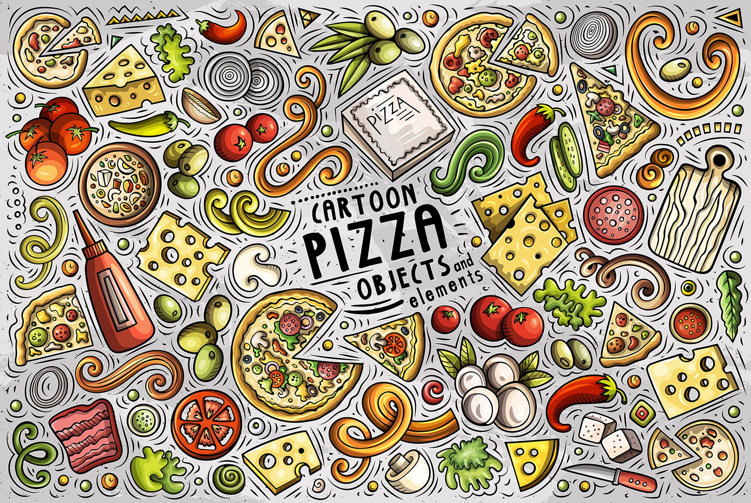 Pizza Cartoon Doodle Objects Set - Vector Image