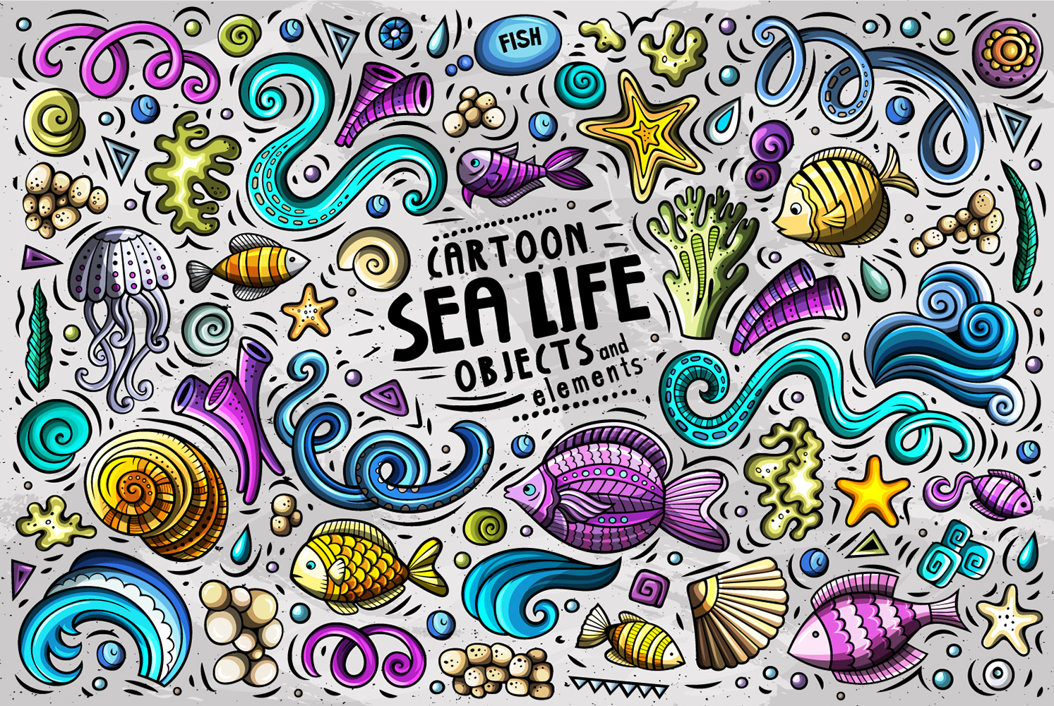 Sea Life Cartoon Doodle Objects Set - Vector Image