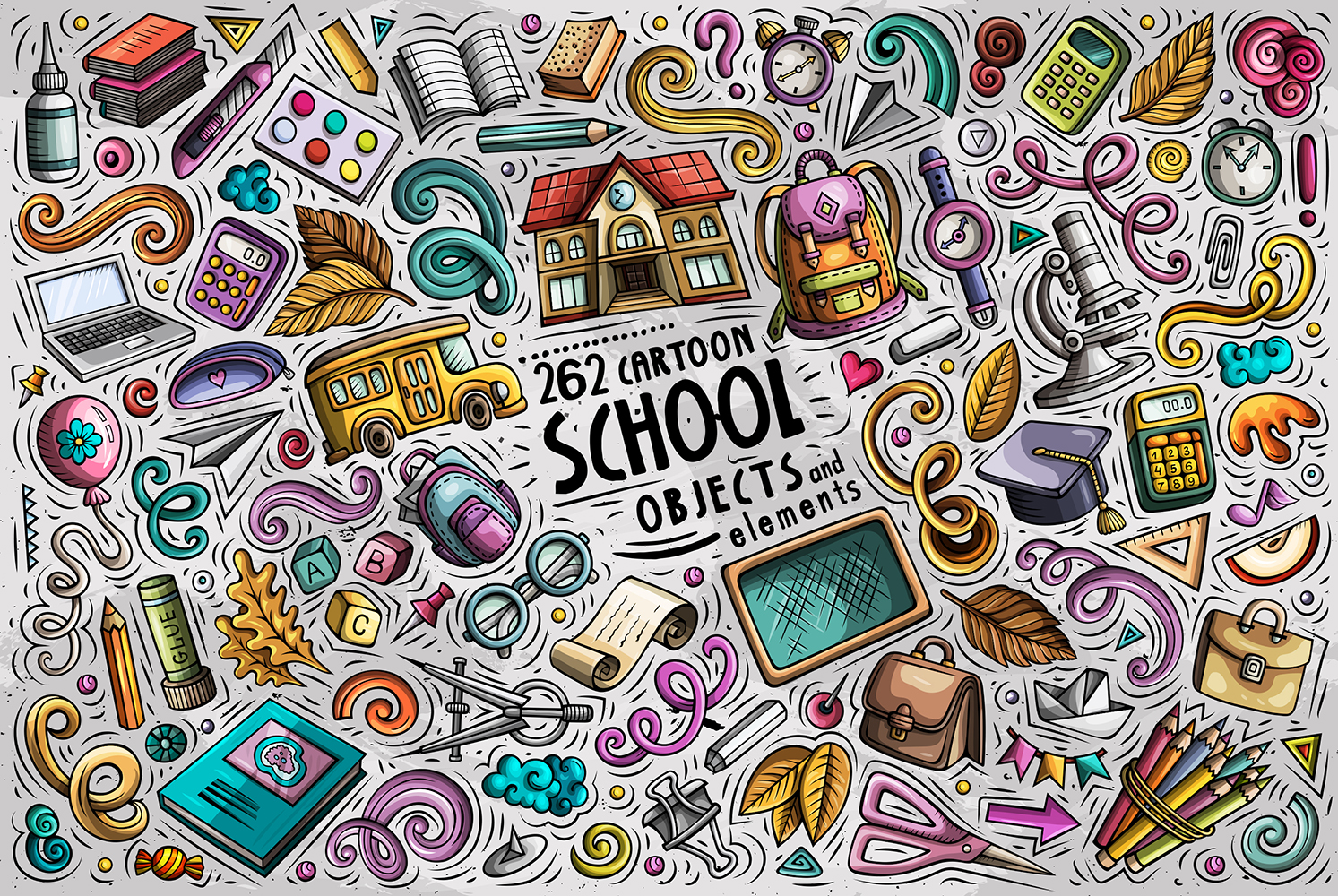 School Cartoon Doodle Objects Set - Vector Image