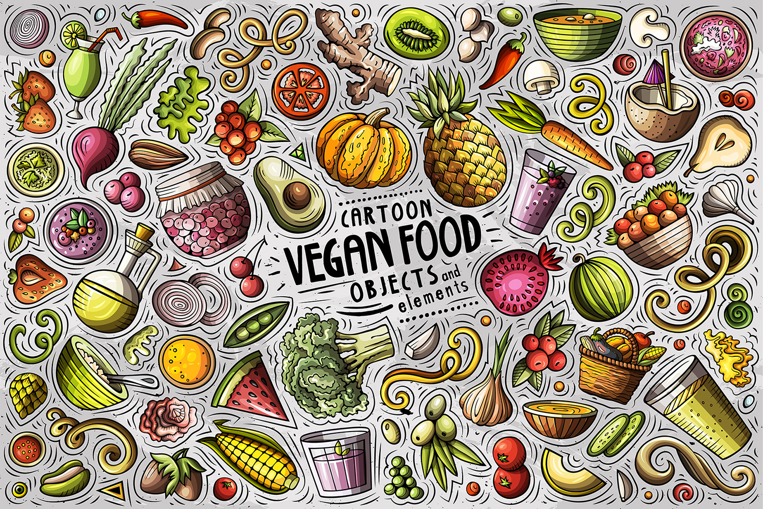 Vegan Food Cartoon Doodle Objects Set - Vector Image