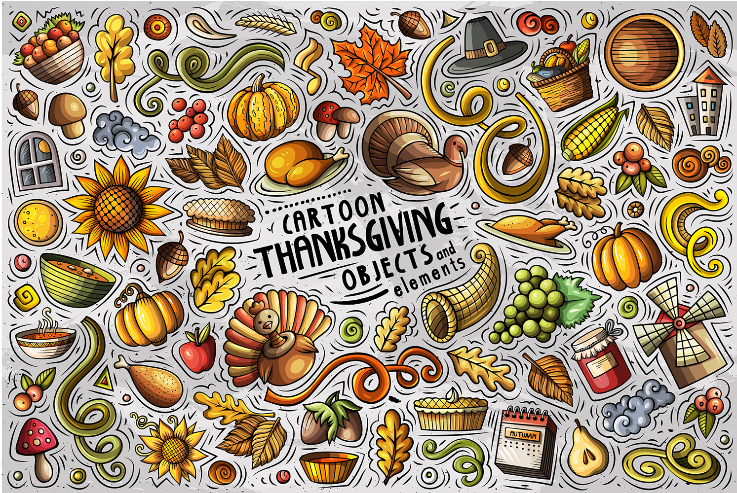Thanksgiving Cartoon Doodle Objects Set - Vector Image