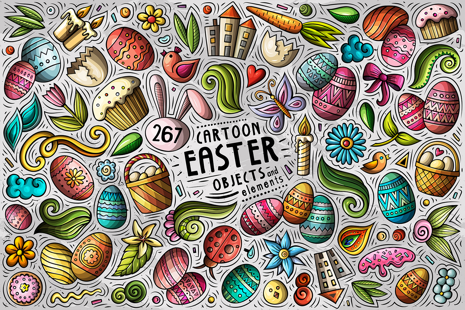 Happy Easter Cartoon Objects Set - Vector Image