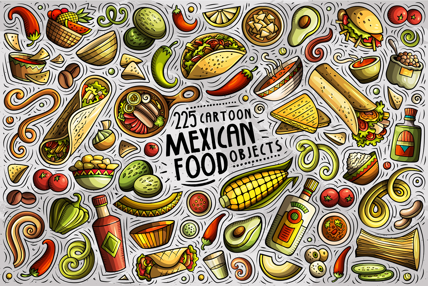 Mexican Food Cartoon Doodle Objects Set - Vector Image