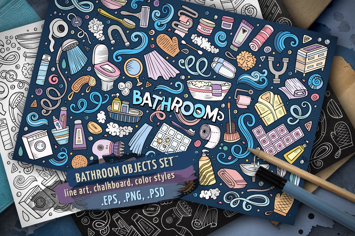 Bathroom Objects & Elements Set - Vector Image