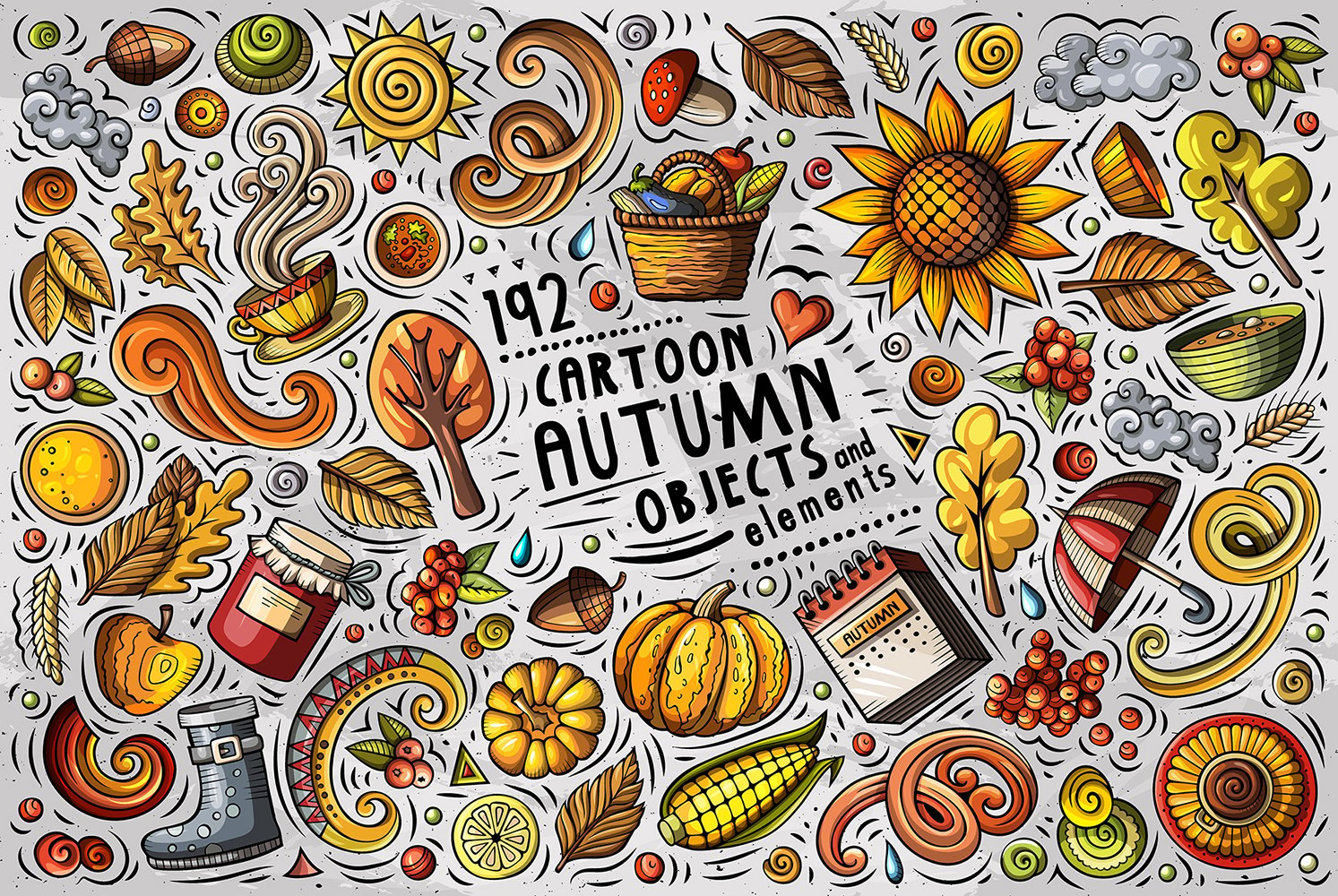 Autumn Cartoon Doodle Objects Set - Vector Image